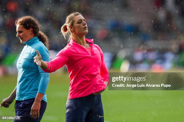 Sandra Perkovic of Croatia and Mélina Robert-Michon of France compete in women's Discus Throw during the AG Insurance Memorial Van Damme as part of...