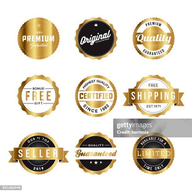 assorted golden retro product marketing labels icon set - free of charge stock illustrations