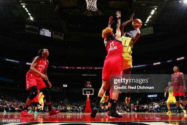 Crystal Langhorne of the Seattle Storm shoots a lay up during the game against the Washington Mystics during a WNBA game on September 1, 2017 at the...