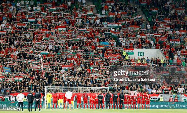 The supporters of Hungary sing the national anthem with the team of Hungary after the FIFA 2018 World Cup Qualifier match between Hungary and Latvia...