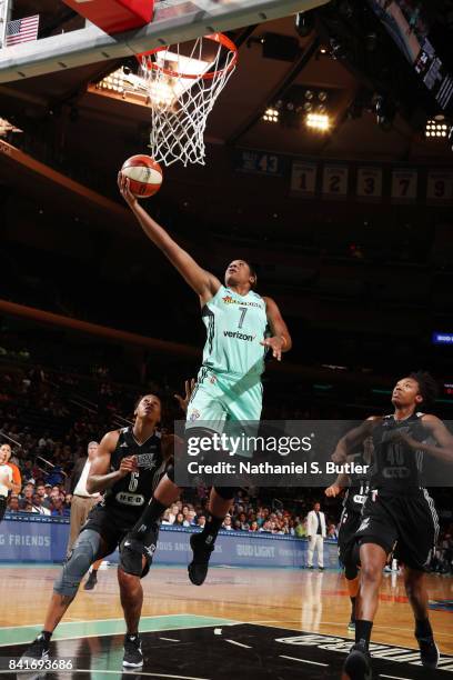 Kia Vaughn of the New York Liberty shoots a lay up against the San Antonio Stars on September 1, 2017 at Madison Square Garden in New York, New York....