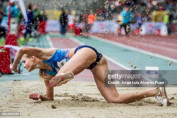 Darya Klishina of Russia competes in women's Long jump during the AG Insurance Memorial Van Damme as part of the IAAF Diamond League 2017 at King...