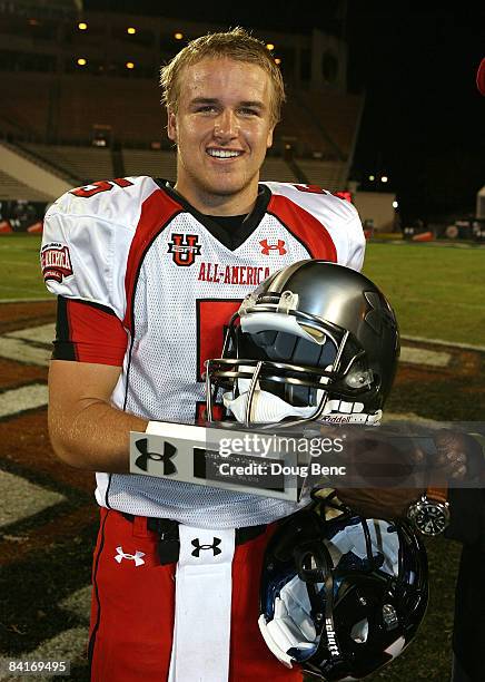 Matt Barkley of the white team poses with the player of the game trophy after the All America Under Armour Footbal Game at Florida Citrus Bowl on...