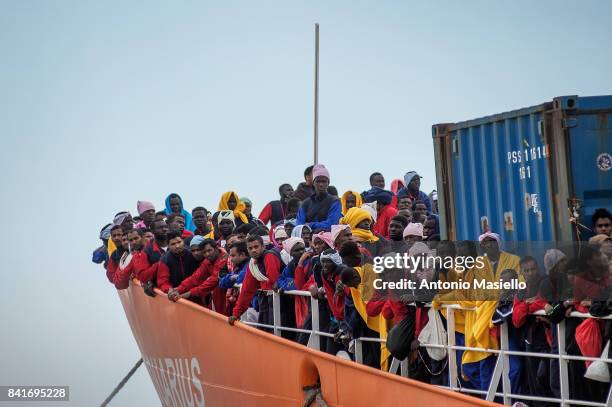 African migrants landing in the port of Salerno aboard the "Aquarius" ship of the Ngo "SOS Mediterranee" on May 26, 2017 in Salerno, Italy. On board...