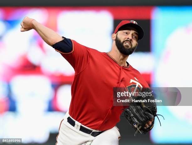 Dillon Gee of the Minnesota Twins delivers a pitch against the Kansas City Royals during the second inning of the game on September 1, 2017 at Target...