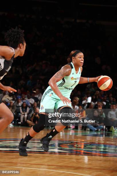 Kia Vaughn of the New York Liberty handles the ball against the San Antonio Stars on September 1, 2017 at Madison Square Garden in New York, New...