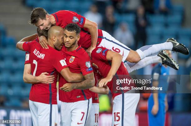Haitam Aleesami, Joshua King, Mohamed Elyounoussi, Sander Berge, Haavard Nordtveit of Norway celebrates goal during the FIFA 2018 World Cup Qualifier...