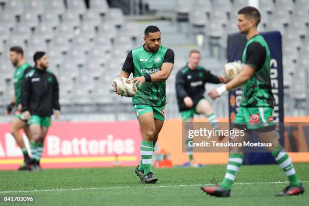 Ngani Laumape of Manawatu warms up before the round three Mitre 10 Cup match between Otago and Manawatu on September 2, 2017 in Dunedin, New Zealand.