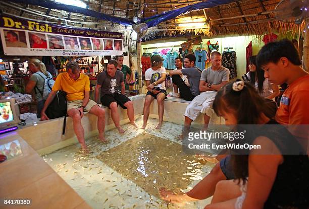 Massage with nibbling fishes is offered for 3 US Dollar per 15min in the Night Market in Siem Reap on December 28 Cambodia. The city Siem Reap is...