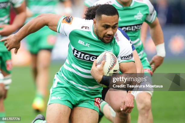 Ngani Laumape of Manawatu makes a break during the round three Mitre 10 Cup match between Otago and Manawatu on September 2, 2017 in Dunedin, New...