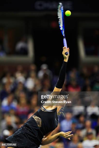 Maria Sharapova of Russia serves to Sofia Kenin of the United States during their third round Women's Singles match on Day Five of the 2017 US Open...