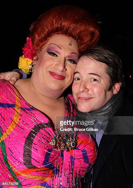 Harvey Fierstein as "Edna Turnblad" and Matthew Broderick pose at The "Hairspray" Closing Night on Broadway at The Neil Simon Theater on January 4,...