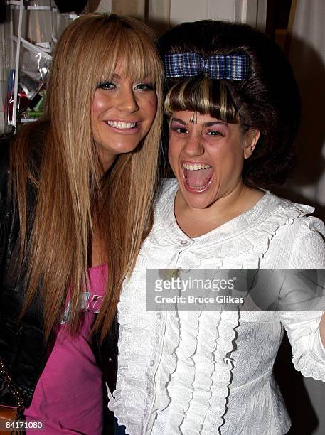 Aubrey O'Day and Marissa Jaret Winokur pose backstage at The "Hairspray" Closing Night on Broadway at The Neil Simon Theater on January 4, 2009 in...