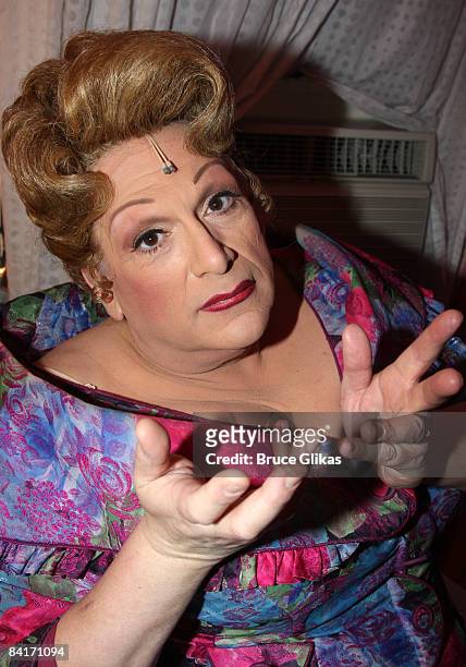 Harvey Fierstein as "Edna Turnblad" poses backstage at The "Hairspray" Closing Night on Broadway at The Neil Simon Theater on January 4, 2009 in New...