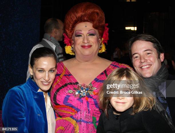 Sarah Jessica Parker, Harvey Fierstein as "Edna Turnblad", James Wilke Broderick and Matthew Broderick pose at The "Hairspray" Closing Night on...