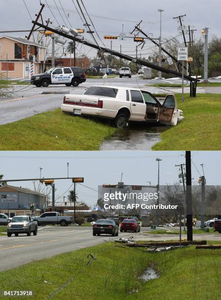 This combo shows the same location at Pearl Street one week apart, after Hurricane Harvey caused widespread destruction in Rockport, Texas on...