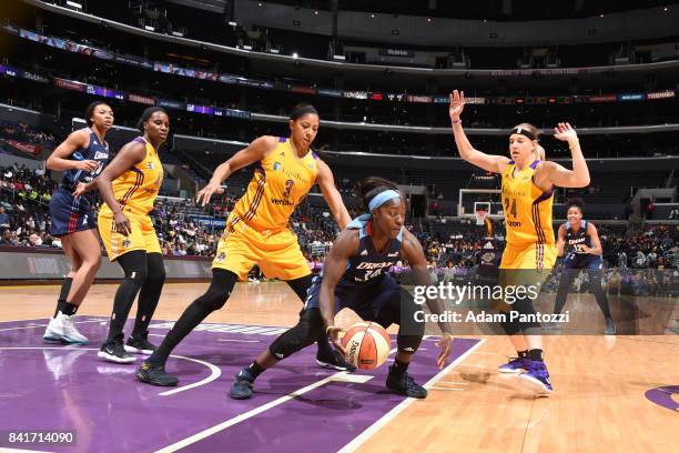 Matee Ajavon of the Atlanta Dream handles the ball against the Los Angeles Sparks on September 1, 2017 at the STAPLES Center in Los Angeles,...