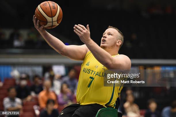 Shaun Norris of Australia shoots a basket during the Wheelchair Basketball World Challenge Cup final between Australia and Great Britain at the Tokyo...