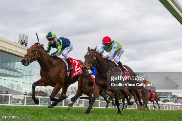 Mark Zahra riding Merchant Navy defeats Dwayne Dunn riding Booker in Race 4, McNeil Stakes during Melbourne Racing at Caulfield Racecourse on...