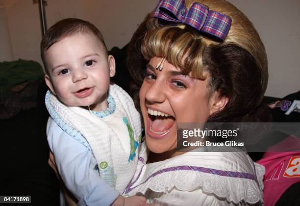 Zev Isaac Miller and mother Marissa Jaret Winokur pose backstage at The "Hairspray" Closing Night on Broadway at The Neil Simon Theater on January 4,...