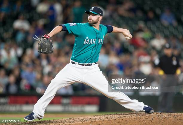 Reliever Marc Rzepczynski of the Seattle Mariners delivers a pitch during the eighth inning of a game at Safeco Field on September 1, 2017 in...
