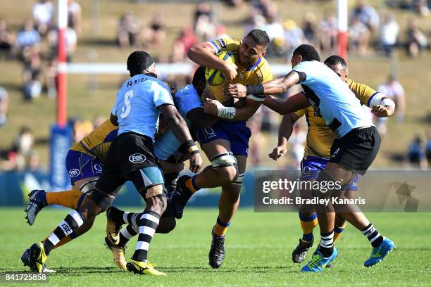 Lukhan Lealaiauloto-Tui of Brisbane City takes on the defence during the round one NRC match between Brisbane and Fiji at Ballymore Stadium on...