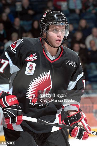 Ryley Grantham of the Moose Jaw Warriors skates against the Kelowna Rockets on January 3, 2009 at Prospera Place in Kelowna, Canada. Grantham is a...