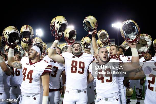 Boston College Eagles players celebrate after a win against the Northern Illinois Huskies at Huskie Stadium on September 1, 2017 in DeKalb, Illinois....