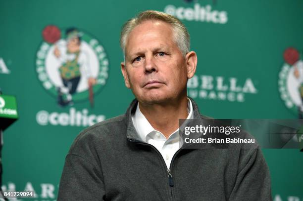 Danny Ainge looks on as Kyrie Irving and Gordon Hayward get introduced as Boston Celtics on September 1, 2017 at the TD Garden in Boston,...