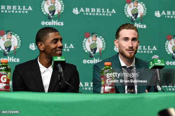 Kyrie Irving and Gordon Hayward get introduced as Boston Celtics on September 1, 2017 at the TD Garden in Boston, Massachusetts. NOTE TO USER: User...