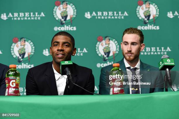 Kyrie Irving and Gordon Hayward get introduced as Boston Celtics on September 1, 2017 at the TD Garden in Boston, Massachusetts. NOTE TO USER: User...
