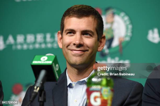 Brad Stevens looks on as Kyrie Irving and Gordon Hayward get introduced as Boston Celtics on September 1, 2017 at the TD Garden in Boston,...