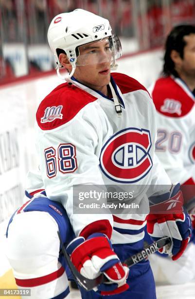 Yannick Weber of the Montreal Canadiens stretches during warmups prior to the game against the New Jersey Devils at the Prudential Center on January...