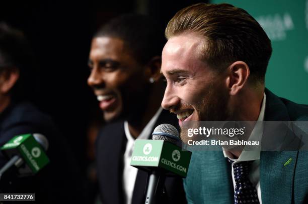 Gordon Hayward talks with the media as he gets introduced as Boston Celtics on September 1, 2017 at the TD Garden in Boston, Massachusetts. NOTE TO...