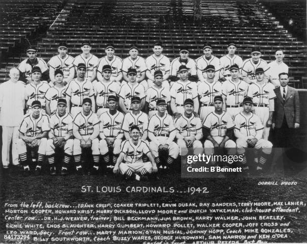 Team portrait of the St. Louis Cardinals, 1942. Pictured are, from left, top row: Creepy Crespi , Coaker Triplett , Erv Dusak , Ray Sanders , Terry...