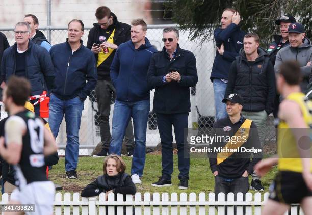 Magpies head coach Nathan Buckley and Magpies President Eddie McGuire look on during the VFL Elimination Final match between the Richmond Tigers and...