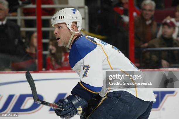 Keith Tkachuk of the St. Louis Blues skates for position during a NHL game against the Carolins Hurricanes on January 2, 2009 at RBC Center in...