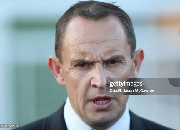 Chris Waller trainer of Winx speaks to the media after Winx riden by Hugh Bowman won the Chelmsford Stakes at Royal Randwick Racecourse on September...