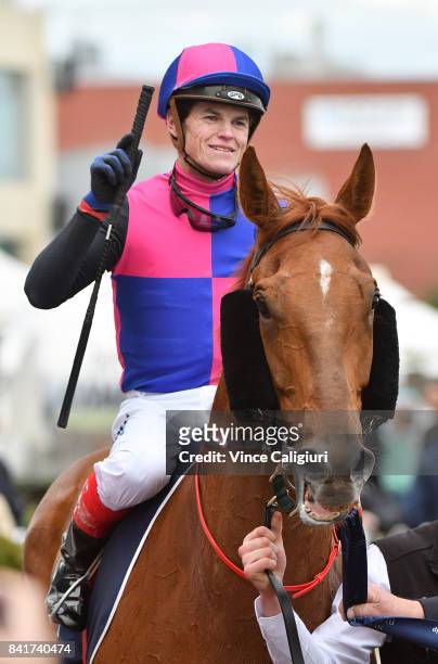 Craig Williams riding Vega Magic after winning New Zealand Bloodstock Memsie Stakes during Melbourne Racing at Caulfield Racecourse on September 2,...