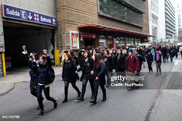 Schoolgirls from LiceoA28 in Santiago de Chile on 1st September 2017 protest after the rape and murder of Andrea Mazzo a 15-years-old girl from the...