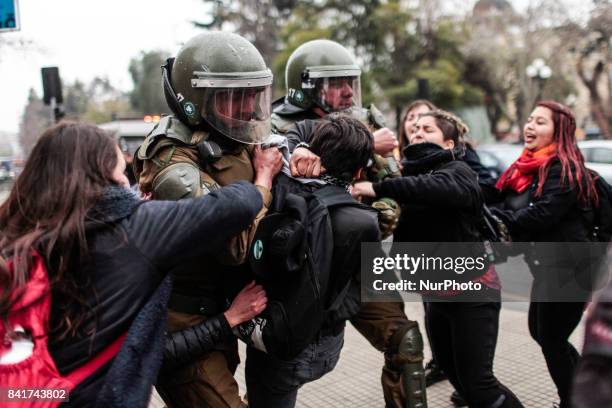 Schoolgirls from LiceoA28 in Santiago de Chile on 1st September 2017 protest after the rape and murder of Andrea Mazzo a 15-years-old girl from the...