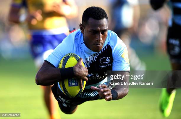 Seru Cavuilati of Fiji dives over to score a try during the round one NRC match between Brisbane and Fiji at Ballymore Stadium on September 2, 2017...