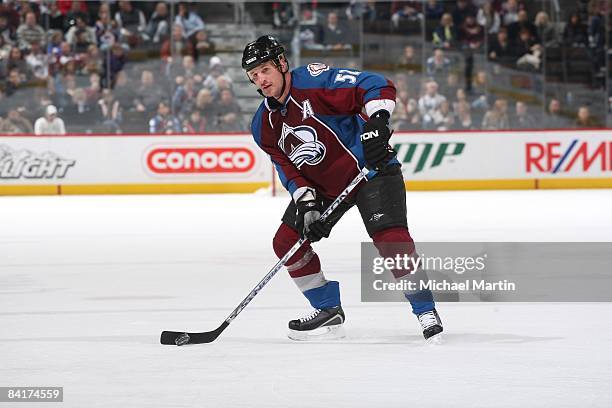 Adam Foote of the Colorado Avalanche skates against the Columbus Blue Jackets at the Pepsi Center on January 02, 2009 in Denver, Colorado. The Blue...