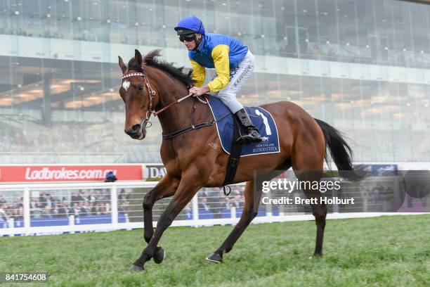 Black Heart Bart ridden by Brad Rawiller heads to the barrier before the New Zealand Bloodstock Memsie Stakes at Caulfield Racecourse on September...