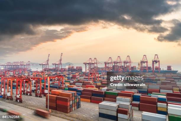 shanghai-container-terminal im sonnenuntergang - verkehrsgebäude stock-fotos und bilder