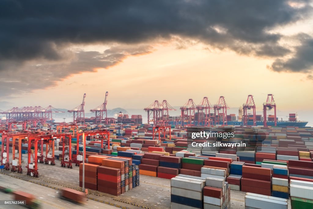 Shanghai container terminal in sunset