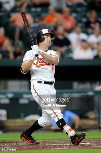 Seth Smith of the Baltimore Orioles bats against the Oakland Athletics at Oriole Park at Camden Yards on August 21, 2017 in Baltimore, Maryland.