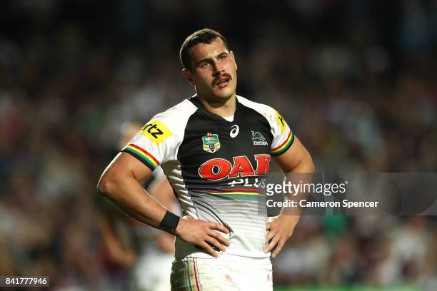 Reagan Campbell-Gillard of the Panthers looks dejected during the round 26 NRL match between the Manly Sea Eagles and the Penrith Panthers at...