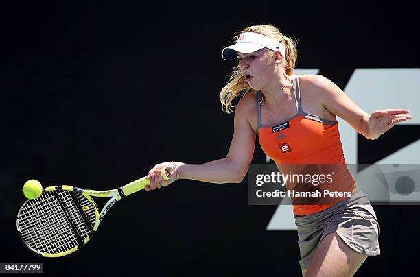 Caroline Wozniacki of Denmark plays a forehand in her match against Alberta Brianti of Italy during day two of the ASB Classic at ASB Tennis Centre...