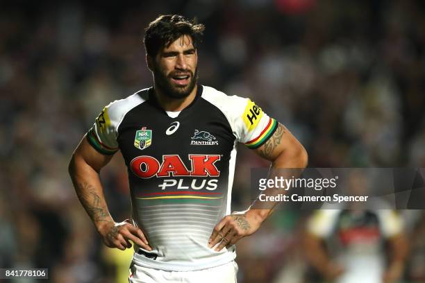 James Tamou of the Panthers looks dejected during the round 26 NRL match between the Manly Sea Eagles and the Penrith Panthers at Lottoland on...